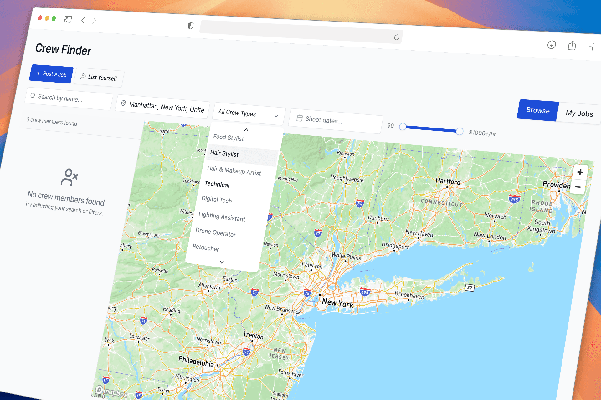 StudioLedger Crew Finder showing commercial production crew profiles.