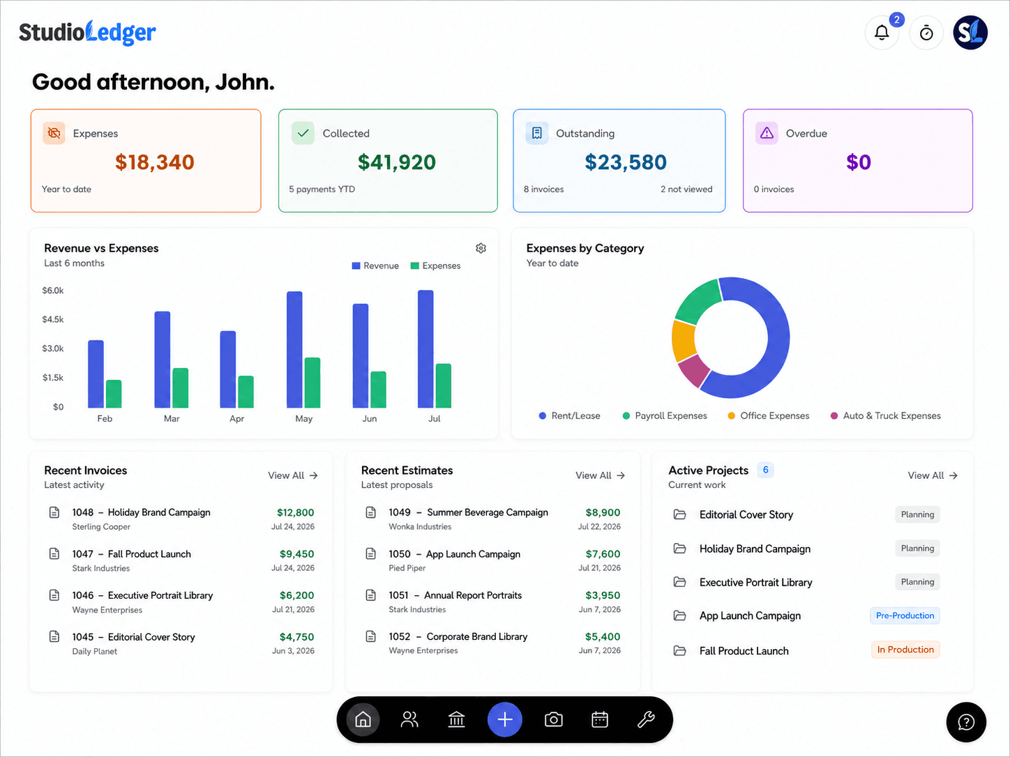 The StudioLedger dashboard showing fictional financial summaries, recent documents, and active commercial projects.