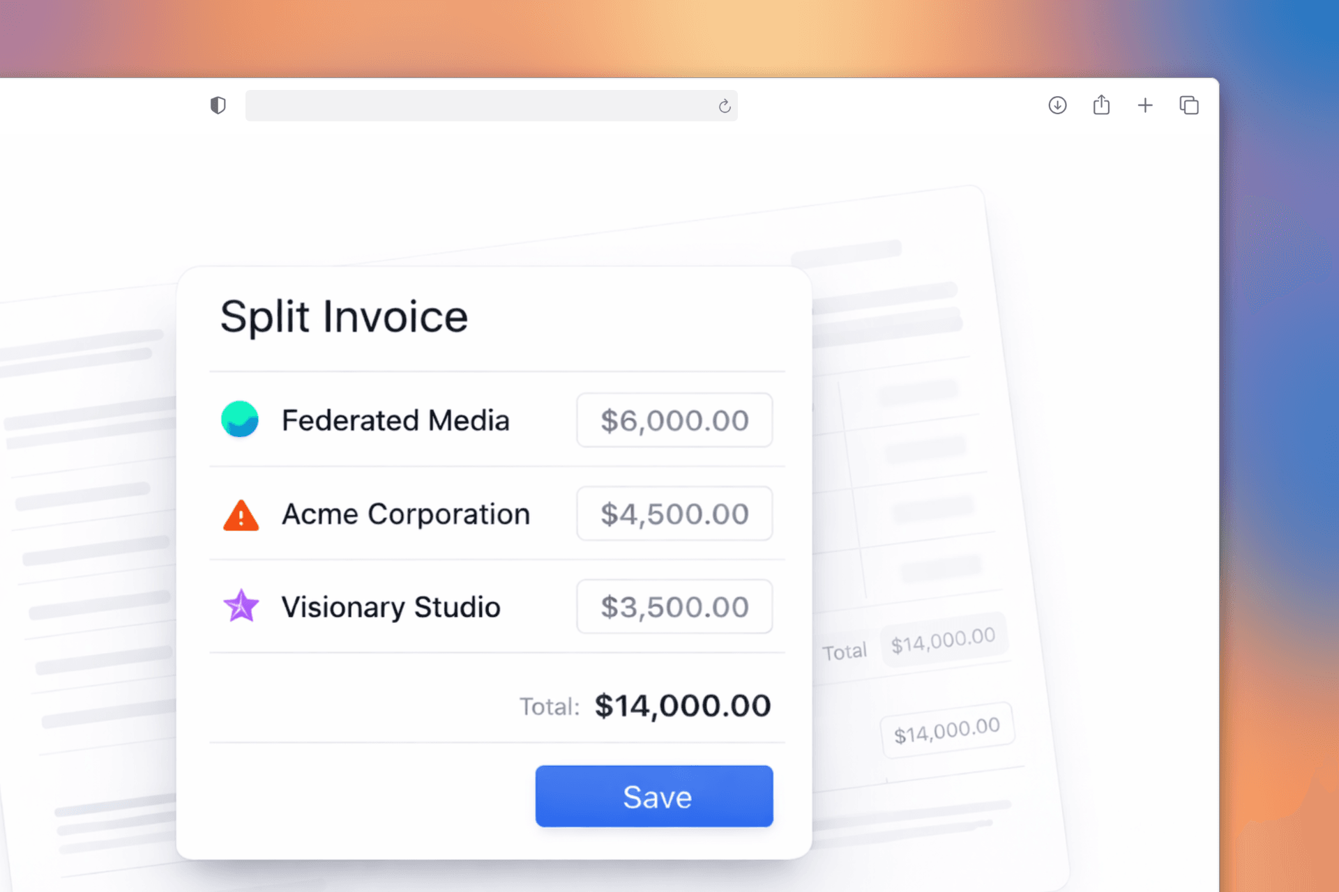 StudioLedger cost sharing and split invoice workflow.